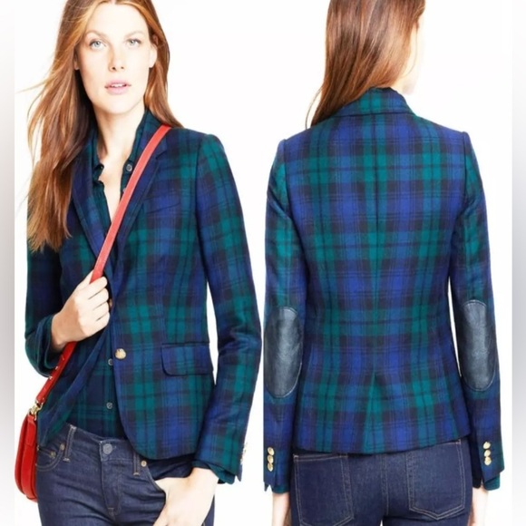J. Crew Tartan Plaid Leather Elbow Patch Wool Blazer Blue Green Holiday sz 4 - Picture 1 of 6
